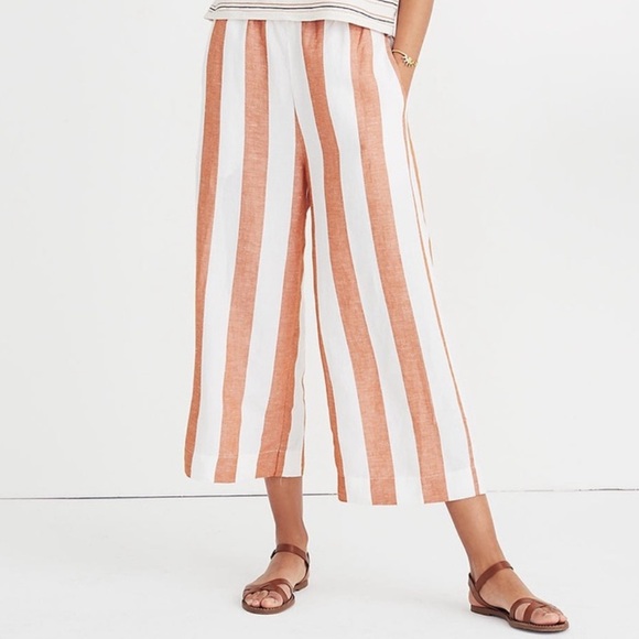 Madewell Pants - Madewell White & Rust Striped Wide-Leg Cropped Pants